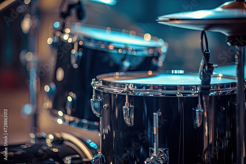 Close up of a black drum kit in a studio Musician s set with various drums Instruments for drumming performance Dark rock metal style Focused on cymbals photo