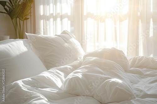 Close up of a beautifully decorated bed with clean white linens in a sunlit room capturing lens flair