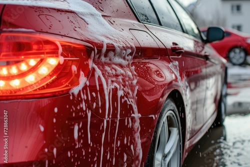 Clean red car with soapy high pressure water © The Big L