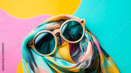 sunglasses and scarf in colorful and bright background Fashion Summer girl clothes set AI Generative