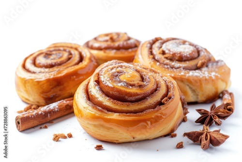 Cinnamon rolls cooling on a wooden table with cinnamon sticks nearby