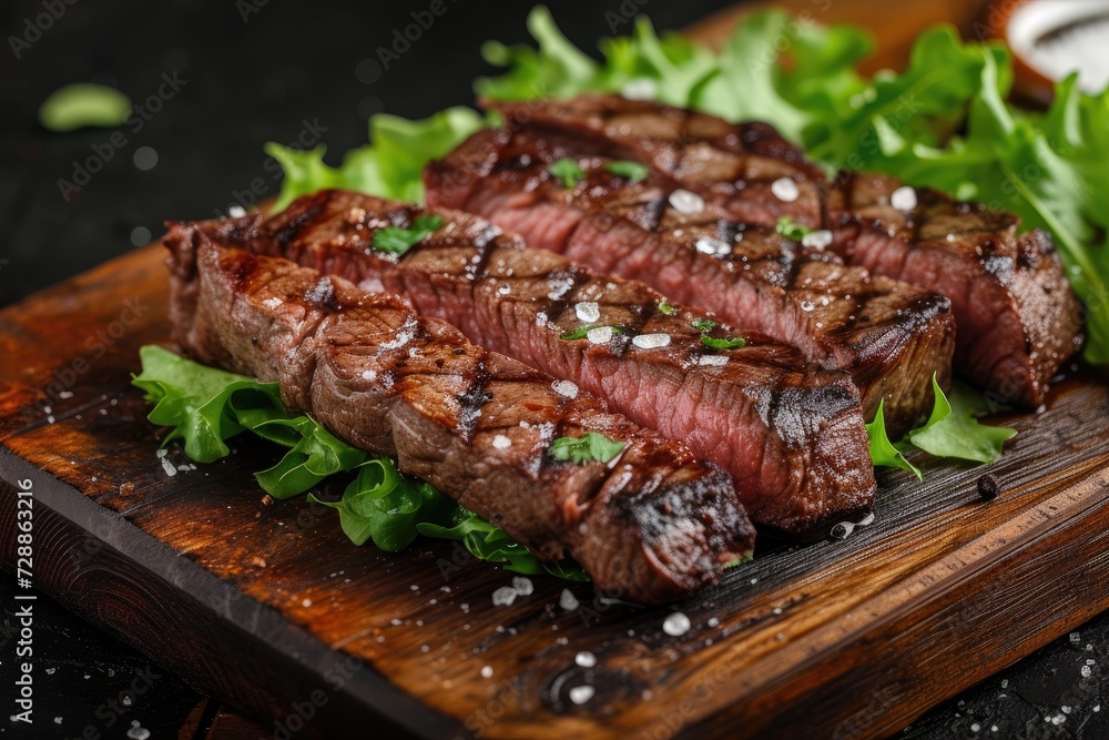Closeup of charred wooden board with barbecued wagyu entrecote beef steak dry aged served with lettuce and salt