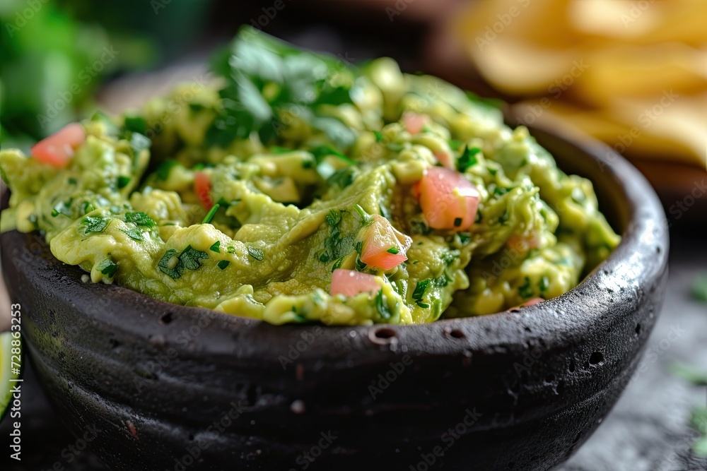Close up view of guacamole a traditional Mexican dip made with avocado and simple ingredients Perfect for parties and bars and a healthy homemade option