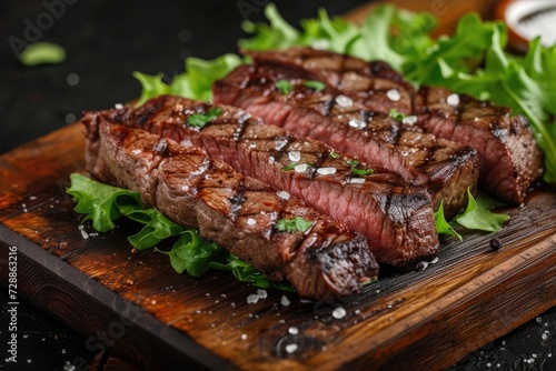 Closeup of charred wooden board with barbecued wagyu entrecote beef steak dry aged served with lettuce and salt