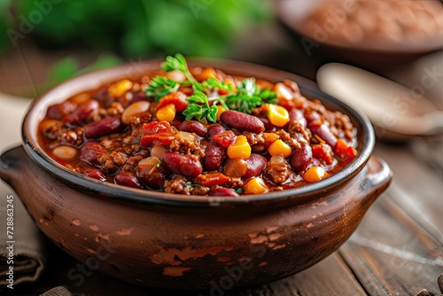 Closeup horizontal image of beans with ground beef bacon and spicy sauce in a bowl on a table