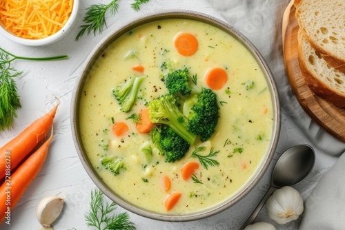 Close up view of bowl on kitchen table containing broccoli cheese soup made with chicken broth cream and carrots surrounded by ingredients