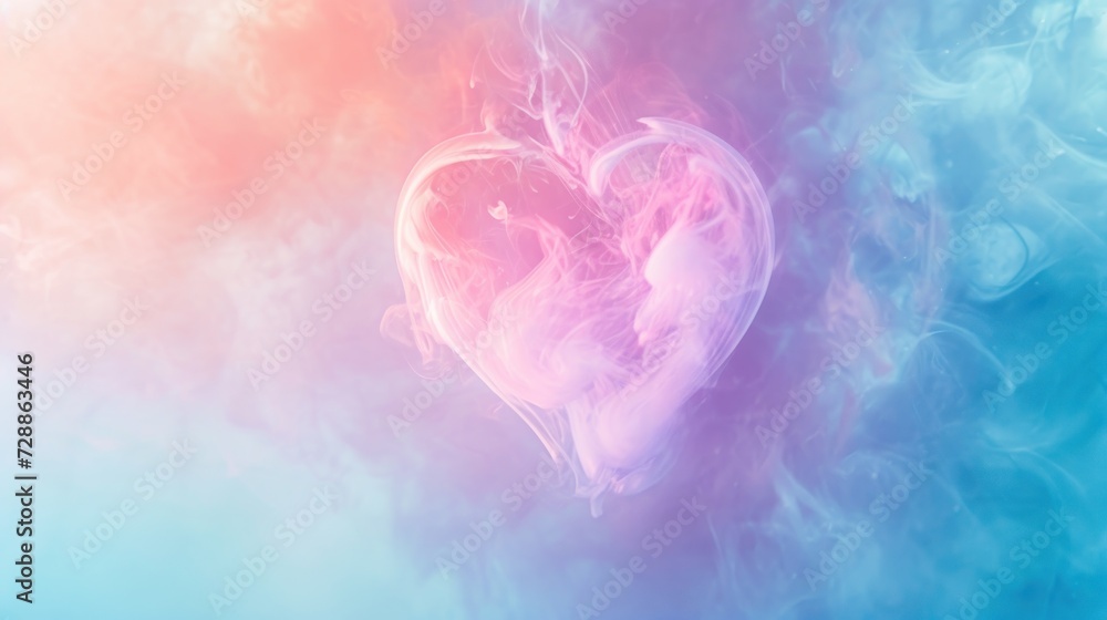 a heart shaped object in the middle of a blue, pink, and yellow smoke ...