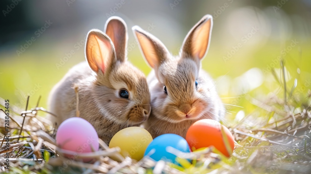 Twin Bunnies: Sibling Rabbits Nuzzling Amongst Easter Eggs
