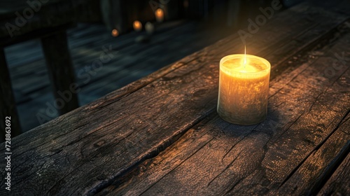  a lit candle sitting on top of a wooden table next to a body of water in a dark room with a wooden floor and a wooden railing in the background.