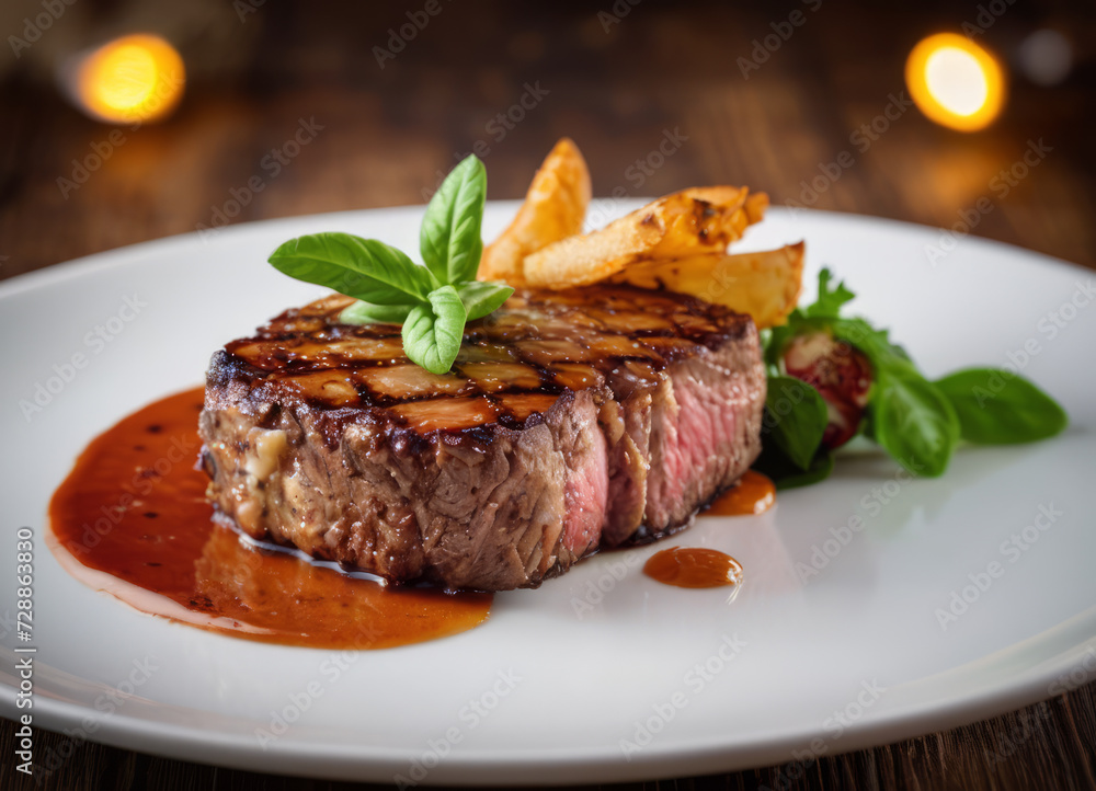 Grilled New York steak on a plate with vegetables and sauce