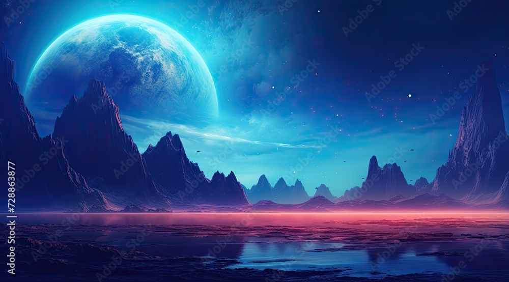 a bright blue planet in the background
