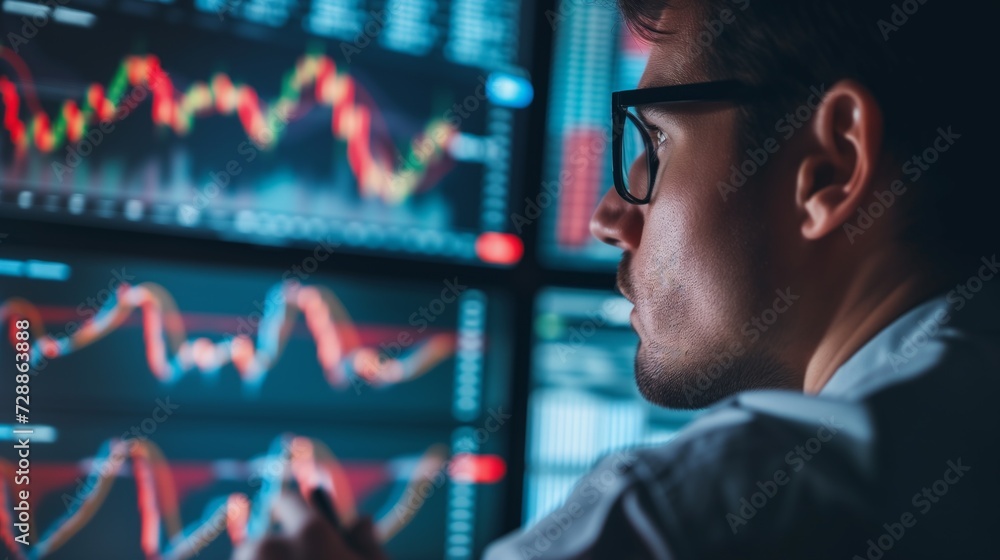 Focused trader evaluating stock market trends on multiple screens Focused trader evaluating stock market trends on multiple screens
