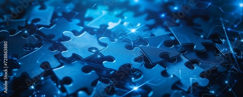 Interlocking blue puzzle pieces glowing with digital connections