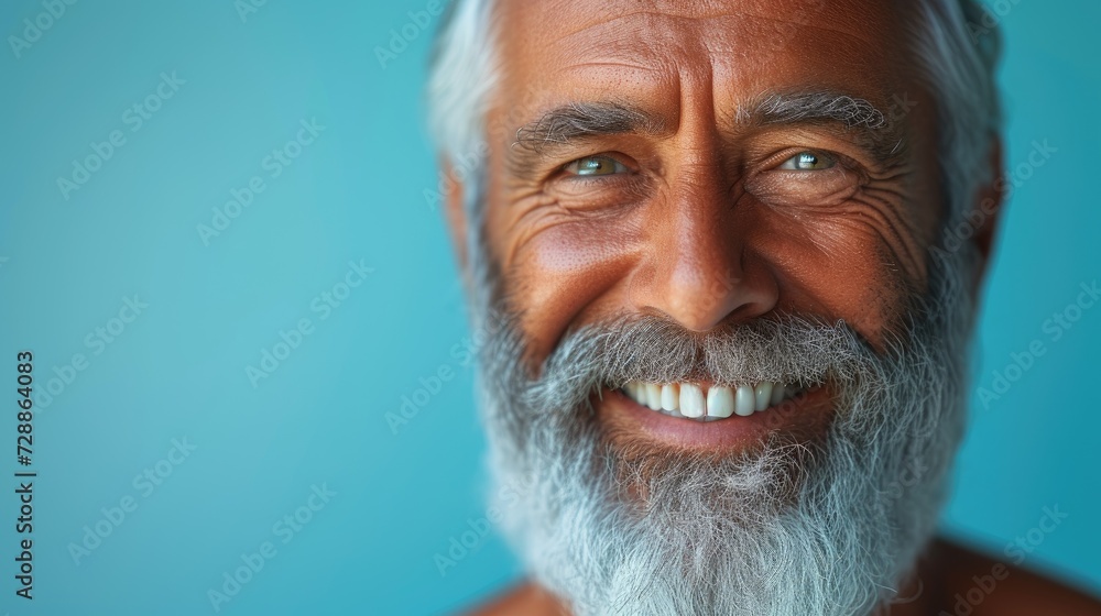 Elderly man with white teeth smiling on pastel blue background. Close up portrait of happy emotional bearded man Elderly man with white teeth smiling on pastel blue background. Close up portrait of happy emotional bearded man