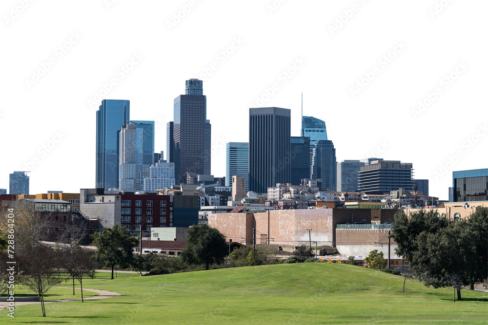 Downtown Los Angeles skyline with grassy park in foreground isolated with cut out background.