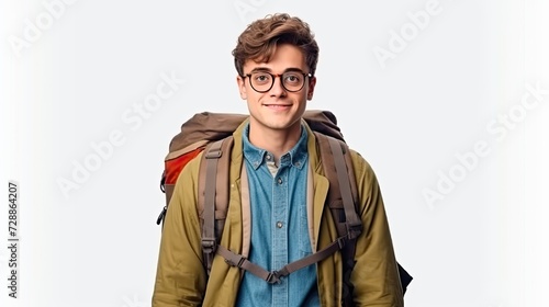 young man student wearing glasses with backpack holding books in white studio background