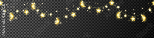 Ramadan and Al Adha islamic decoration on transparent background. Hanging stars and crescents lights string. Muslim holidays garland. Arabiс festive frame. Night sky shiny moon border. Vector.