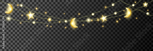 Ramadan and Al Adha islamic decoration on transparent background. Hanging stars and crescents lights string. Muslim holidays garland. Arabiс festive frame. Night sky shiny moon border. Vector. photo