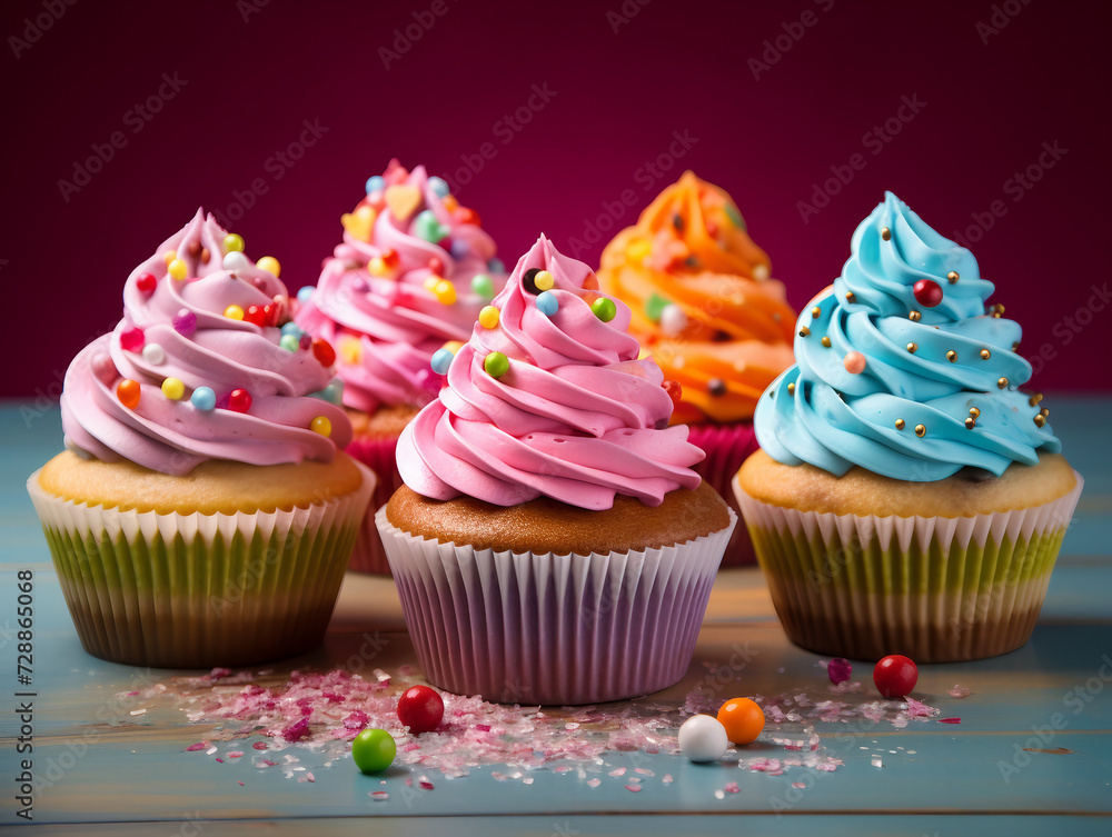 Cupcakes with colorful cream and sprinkles on blue wooden background