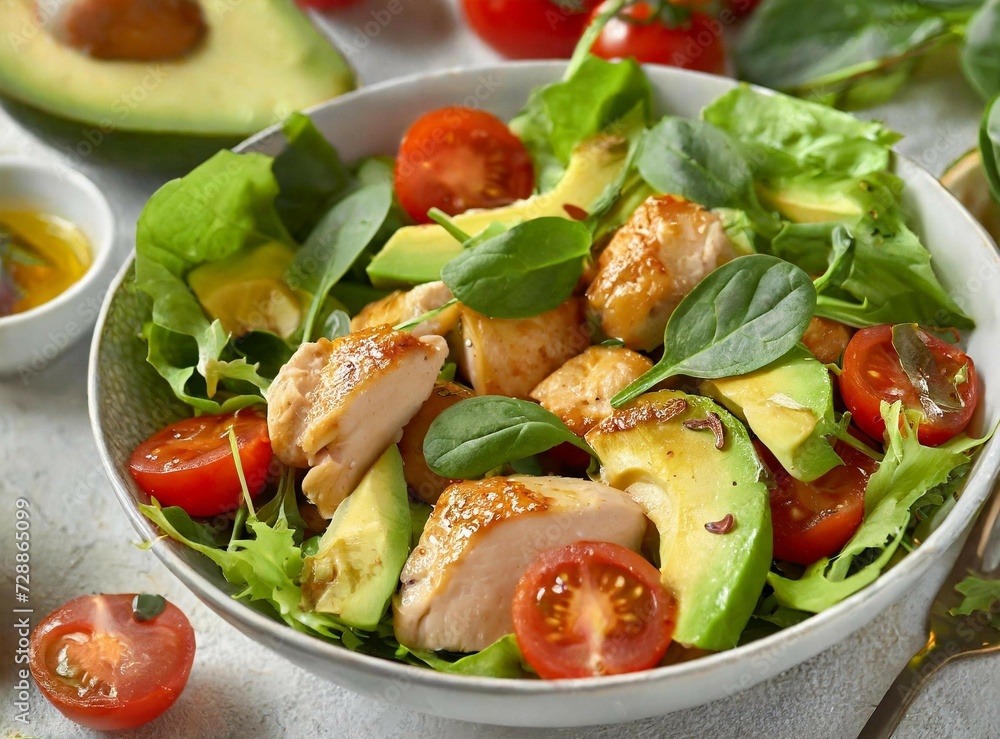 Avocado, chicken and tomatoes salad. Healthy balanced diet/nutrition. Avocado, chicken and tomatoes salad. Healthy balanced diet/nutrition.