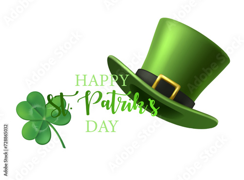 St. Patrick's Day banner. realistic vector illustration. Shamrocks leaf and leprechaun hat isolated on white background. 
