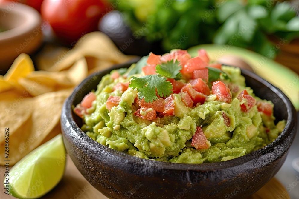 Copy space on stone table top view image of guacamole bowl