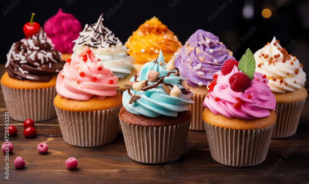 Cupcakes decorated with cream and chocolate on a wooden background.