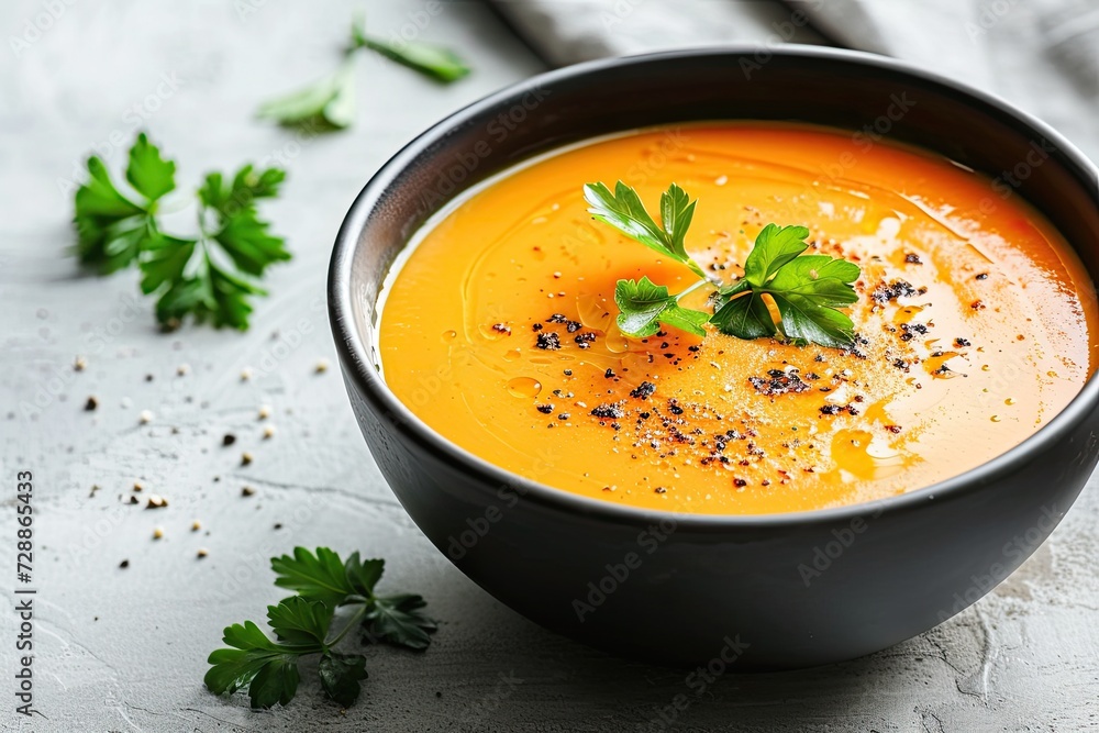 Delicious carrot soup in a bowl on a bright surface Delicious carrot soup in a bowl on a bright surface