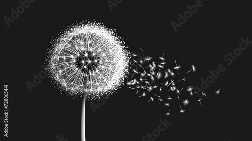  a black and white photo of a dandelion blowing in the wind on a black background with a black and white photo of a dandelion in the foreground.