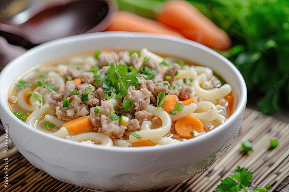 Easy Asian style clear soup in a white bowl made with macaroni minced pork carrots and onion Easy Asian style clear soup in a white bowl made with macaroni minced pork carrots and onion