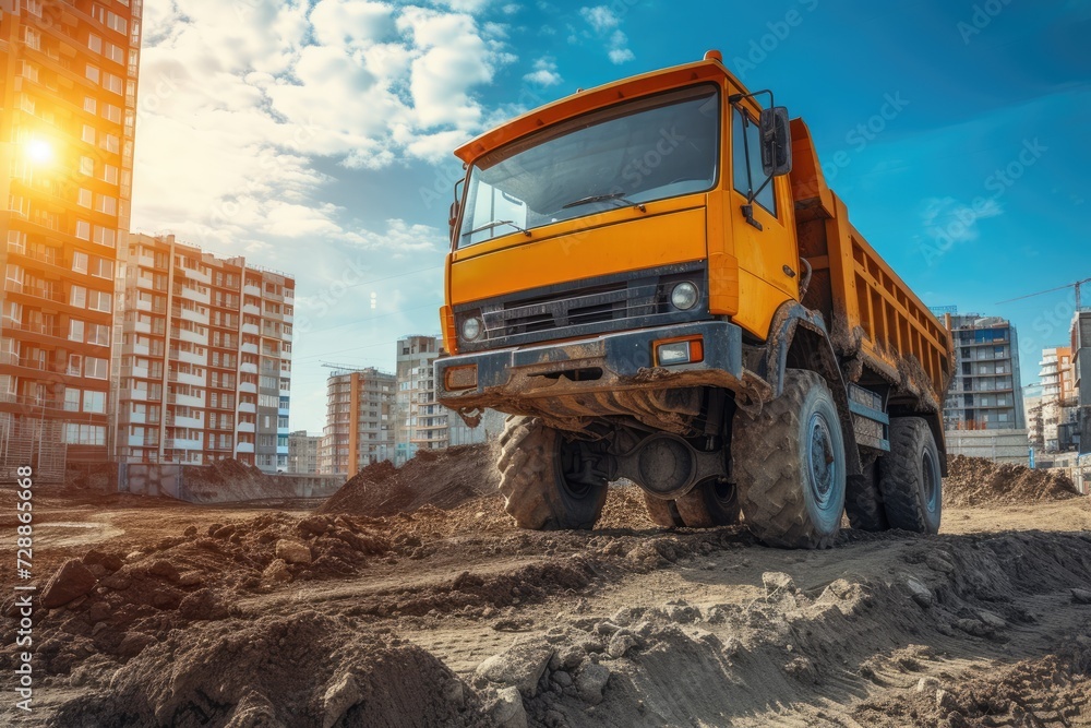 Dump truck unloading soil ground at construction site road service constructing new highway