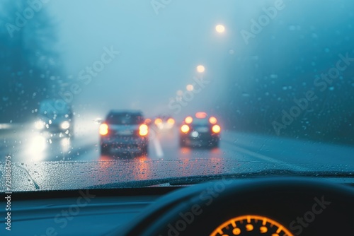 Driver s perspective of traffic in a misty rainy and foggy winter morning on a highway with poor visibility Alert for accident risks in the gloomy weather indic photo