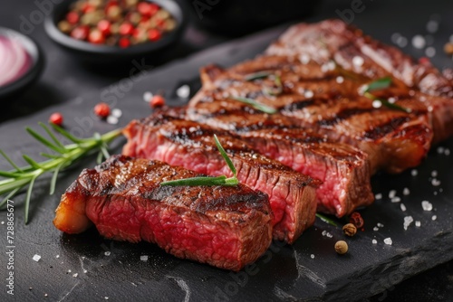 Dry aged wagyu beef steaks barbecued with herbs and black salt served close up on a black board with space for copy