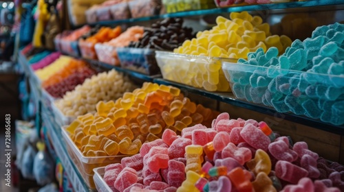 delicious gummies stand with a wide variety of flavors and colors photo