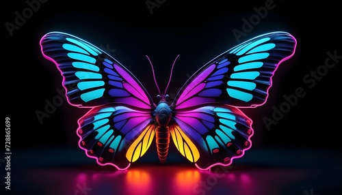 Colorful butterfly on black background, neon - AI Generated © R.A