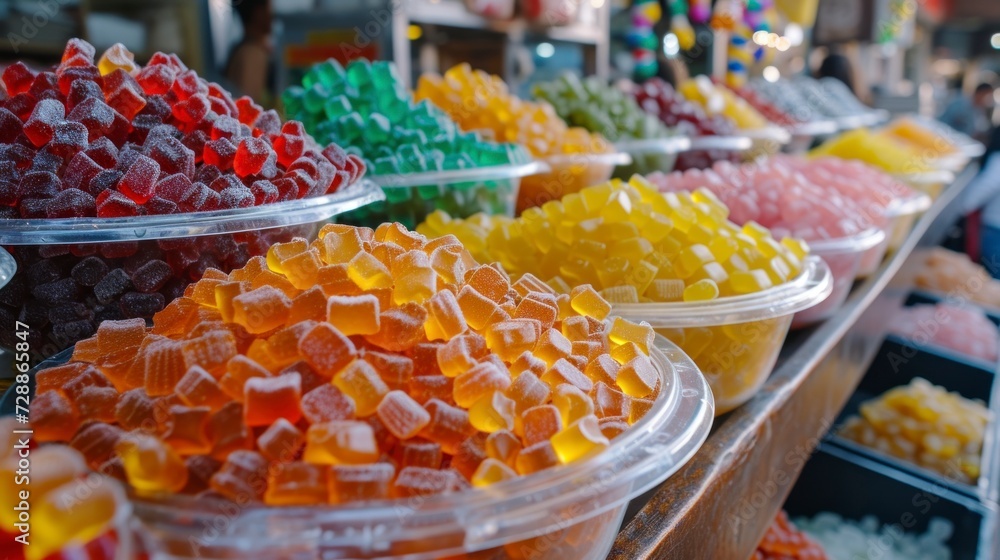 Delicious gummies stand with a great variety of flavors and colors on the street with good lighting in high resolution and high quality. GUMMIES CONCEPT