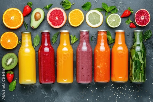Different types of bottled smoothies or juices healthy food concept top view text space available