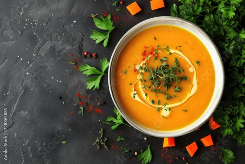 Delicious vegan sweet potato soup autumn dish in a white bowl on a dark background top view