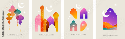 Collection of modern style Ramadan Mubarak colorful designs. Greeting cards set, backgrounds. Windows and arches with moon, mosque dome and lanterns