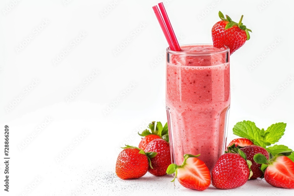 Fresh strawberries falling into a glass for a tasty and nutritious strawberry milkshake Fresh strawberries falling into a glass for a tasty and nutritious strawberry milkshake