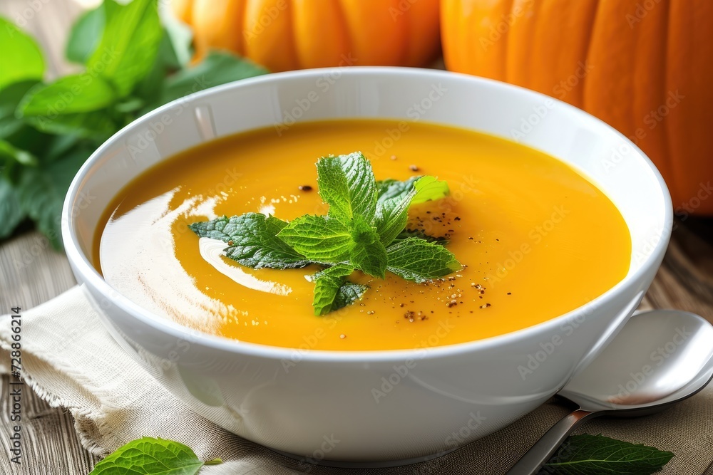 Fresh mint toppings on pumpkin soup served in a white bowl