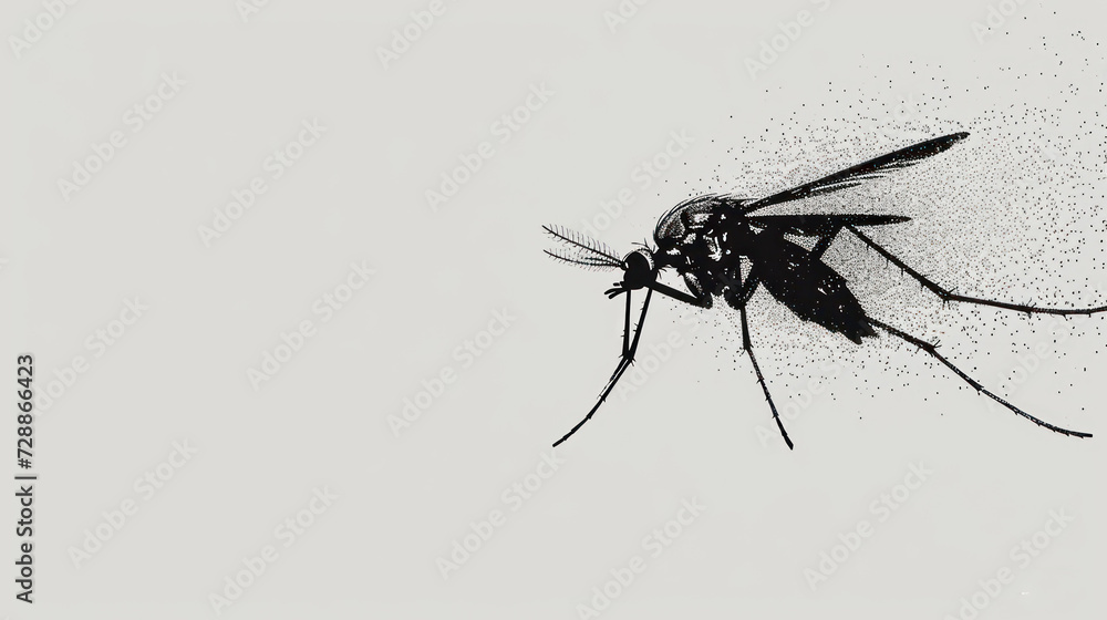a black and white photo of a mosquito flying through the air with dots on it's back legs and wings, with a black and white background of a white background. a black and white photo of a mosquito flying through the air with dots on it's back legs and wings, with a black and white background of a white background.