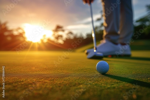 Golfer putting ball on green sunset time Professional golf course during sunrise sunset
