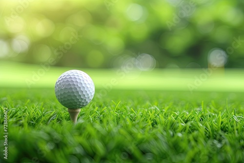 Golf ball on green grass background banner with copy space