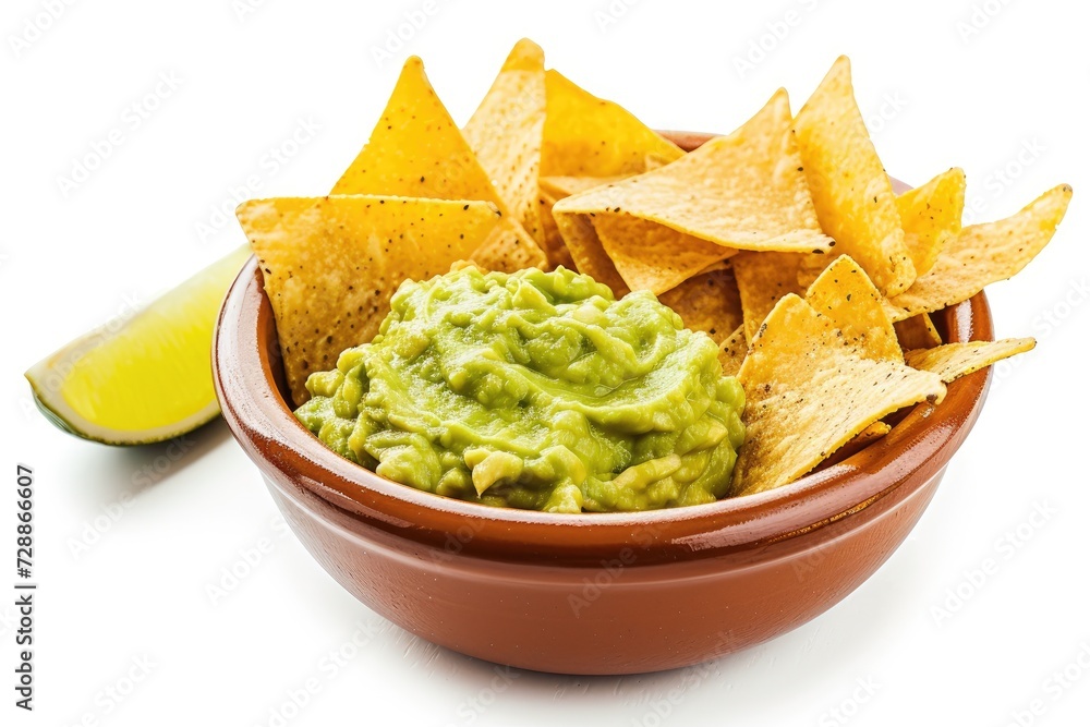 Guacamole and nachos in a bowl isolated on a white background Guacamole and nachos in a bowl isolated on a white background