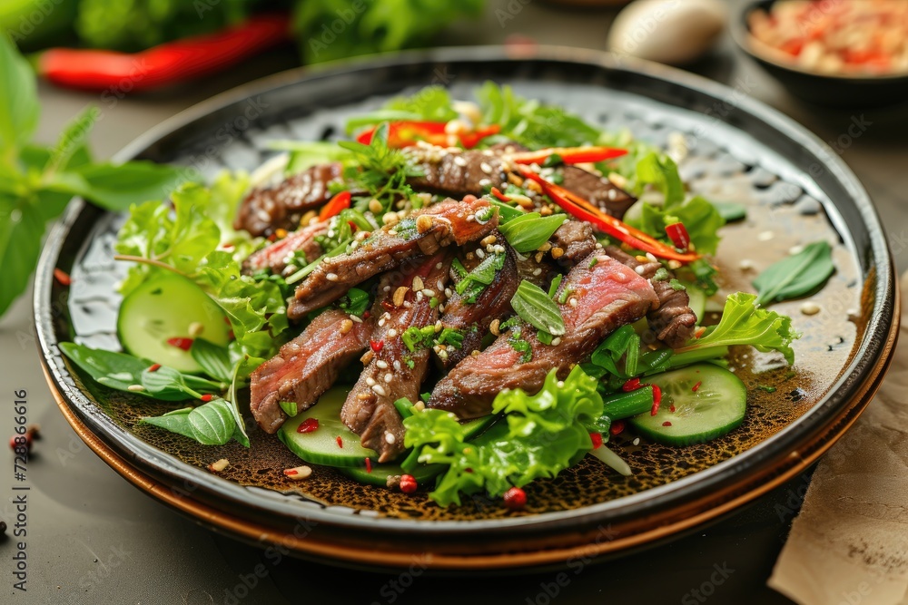 Grilled Thai beef salad with healthy greens spices for lunch and dinner