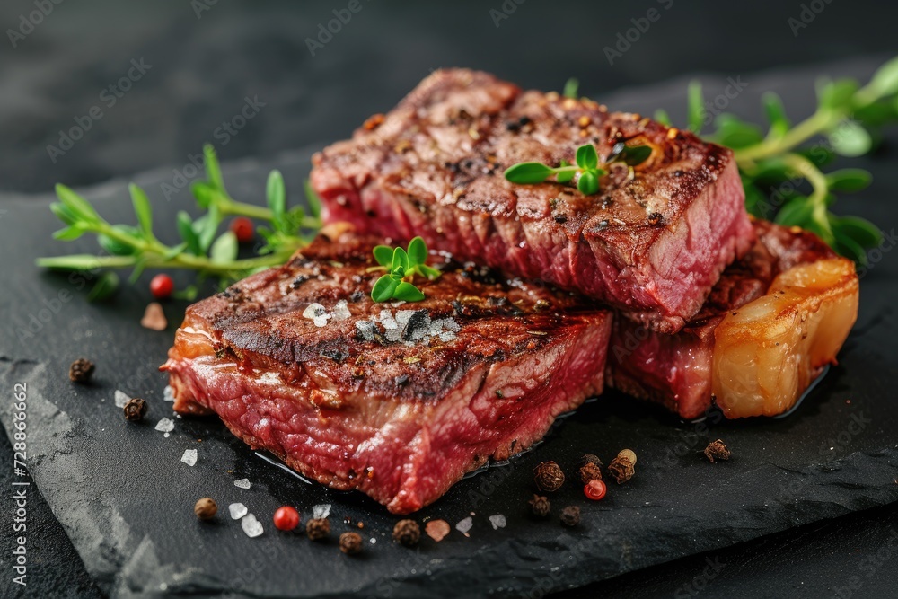Grilled aged wagyu rib eye steaks with herbs and black salt presented on a wooden board with ample room for text Grilled aged wagyu rib eye steaks with herbs and black salt presented on a wooden board with ample room for text