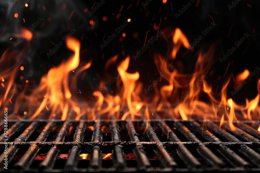 Grill with Fire Flames Empty Grid on Black Grill with Fire Flames Empty Grid on Black