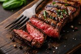 Grilled Ribeye Steak slices on fork dark wooden backdrop