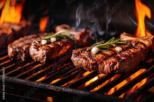Grilled beef steaks with fire on the grill